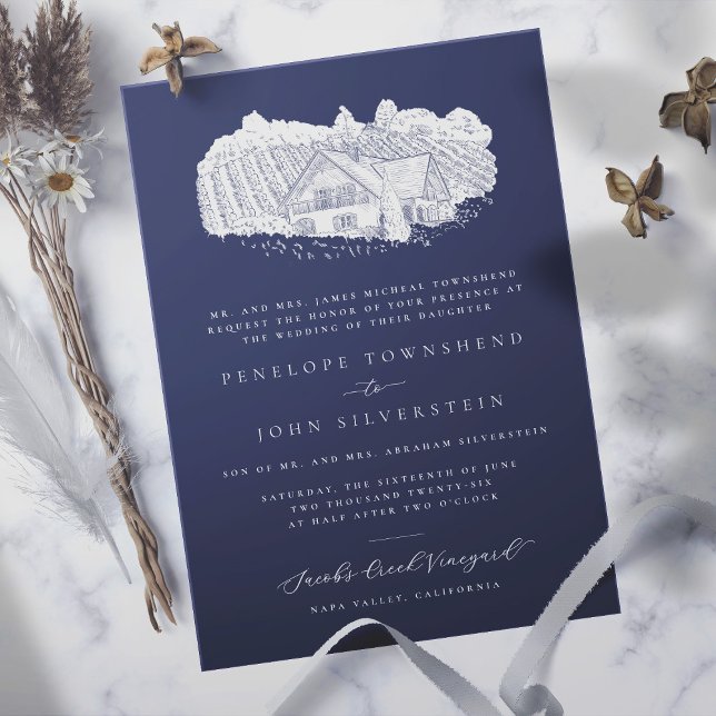 Convite Casamento Formal Azul Marinho de Desenho do Elegan (navy blue formal wedding invitation with an illustration of a vineyard)