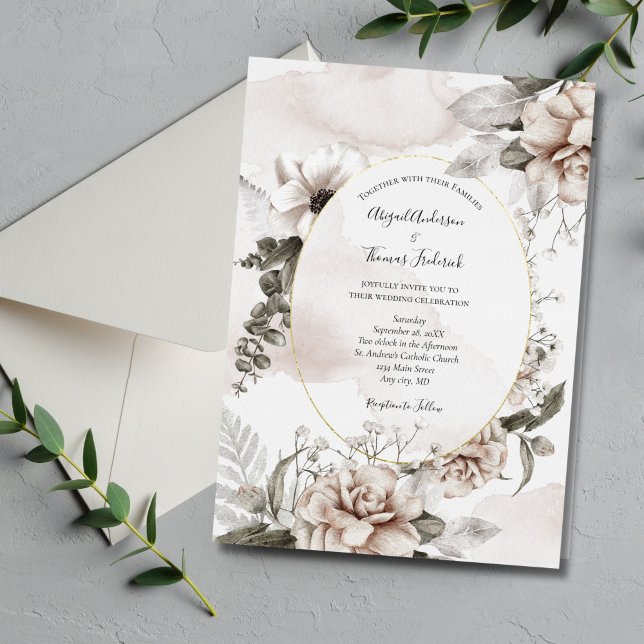 Convite Casamento Formal Botânico Elegante Botânico Floral (Blush Pink Gray Floral Watercolor Wedding Invitation. Elegant and Classic.)