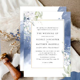Convite Casamento Formal Branco, Azul Marinho Floral