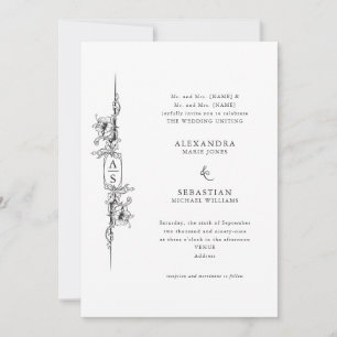 Convite Casamento Formal Branco Barroco Negro Branco Elega