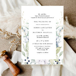 Convite Casamento Formal Branco e Azul Floral Elegante