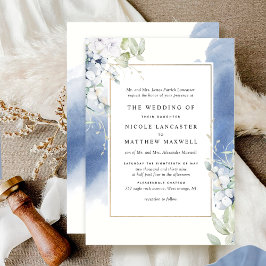 Convite Casamento Formal Branco e Azul Floral Watercolor