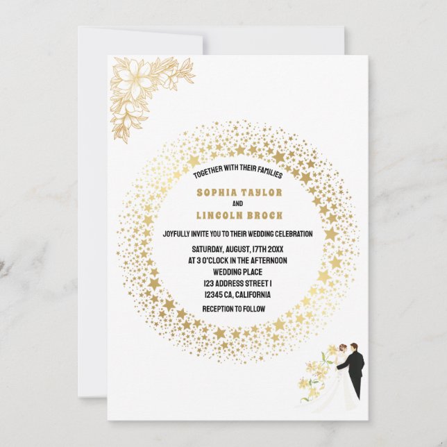 Convite Casamento Formal, Branco Elegante e Monograma Dour (Frente)