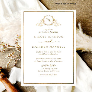 Convite Casamento Formal, Branco Elegante e Monograma Dour