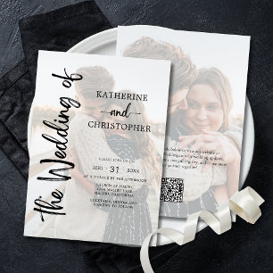 Convite Casamento Formal Branco Preto com Foto de Script E