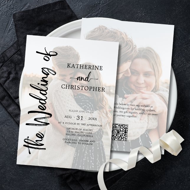 Convite Casamento Formal Branco Preto com Foto de Script E (Black and White Elegant Bold Script 2-Photo Wedding Invitation with QR Code for Wedding Website.)