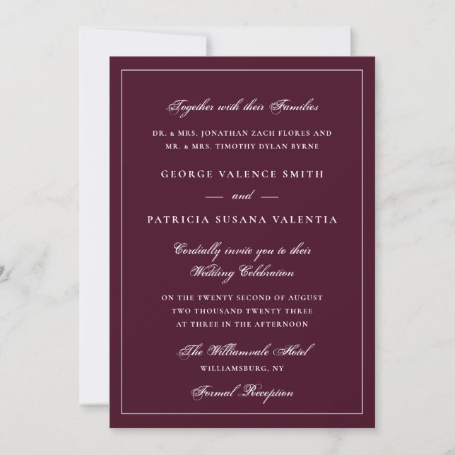 Convite Casamento Formal Burgundy de Traje a Rigor Tradici (Frente)