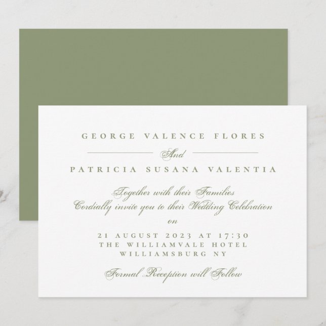 Convite Casamento Formal Caligrafia Verde Musgo (Frente/Verso)
