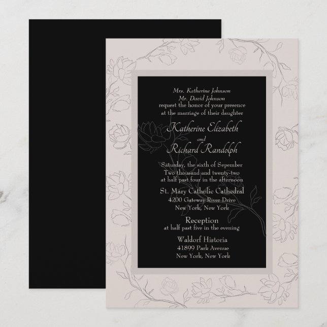 Convite Casamento Formal Champanhe e Jasmine Preto (Frente/Verso)