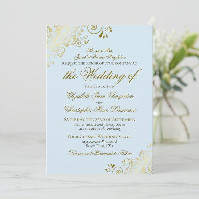 Convite Casamento Formal Clássico Azul Pó e Dourado Elegan (Em pé/Frente)