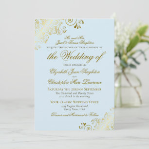 Convite Casamento Formal Clássico Azul Pó e Dourado Elegan