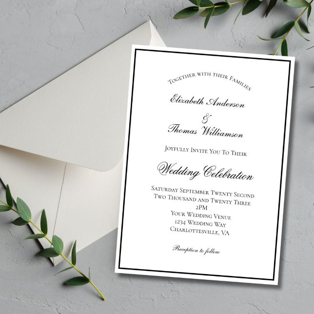 Convite Casamento Formal Clássico Branco Negro Tradicional (Black White Classic Formal Elegant Wedding invitation with Black border. Digital or Printed.)
