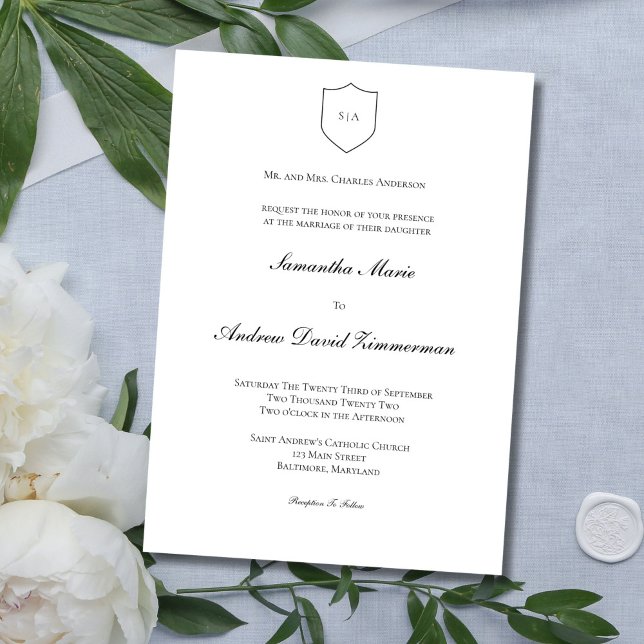 Convite Casamento Formal Clássico com Monograma Tradiciona (Traditional Monogram Classic Elegant Black White Wedding Invitation)