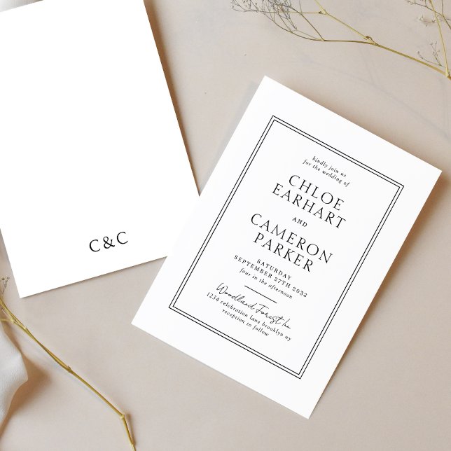 Convite Casamento Formal Clássico de Fronteira Preta Quadr (Criador carregado)