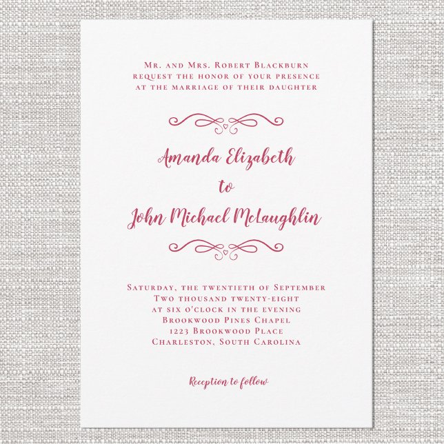 Convite Casamento Formal Clássico de Script Vermelho Magen (Elegant Magenta Red Script Classic Formal Wedding Invitation)