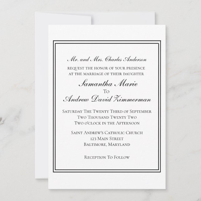 Convite Casamento Formal Clássico Elegante Borda Preta e B (Frente)
