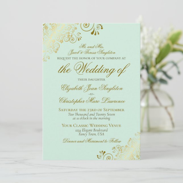 Convite Casamento Formal Clássico Elegante Verde e Dourado (Em pé/Frente)