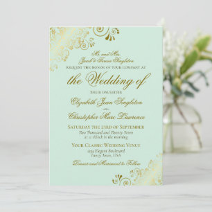 Convite Casamento Formal Clássico Elegante Verde e Dourado
