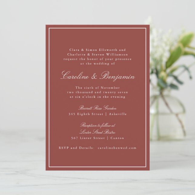 Convite Casamento Formal Clássico em Vermelho Ferrugem Scr (Em pé/Frente)