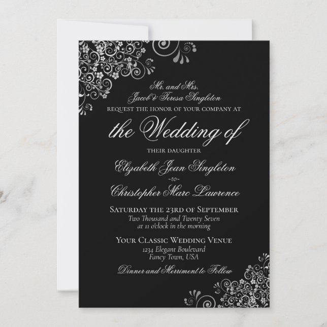 Convite Casamento Formal Clássico Preto e Prata Elegante (Frente)
