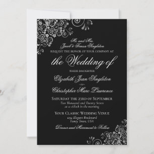Convite Casamento Formal Clássico Preto e Prata Elegante