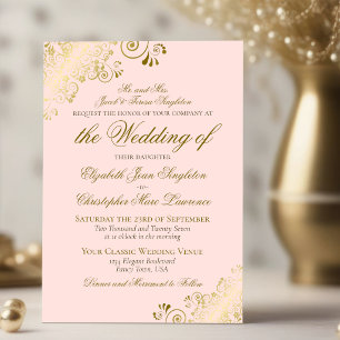 Convite Casamento Formal Clássico Rosa Bege e Dourado Eleg