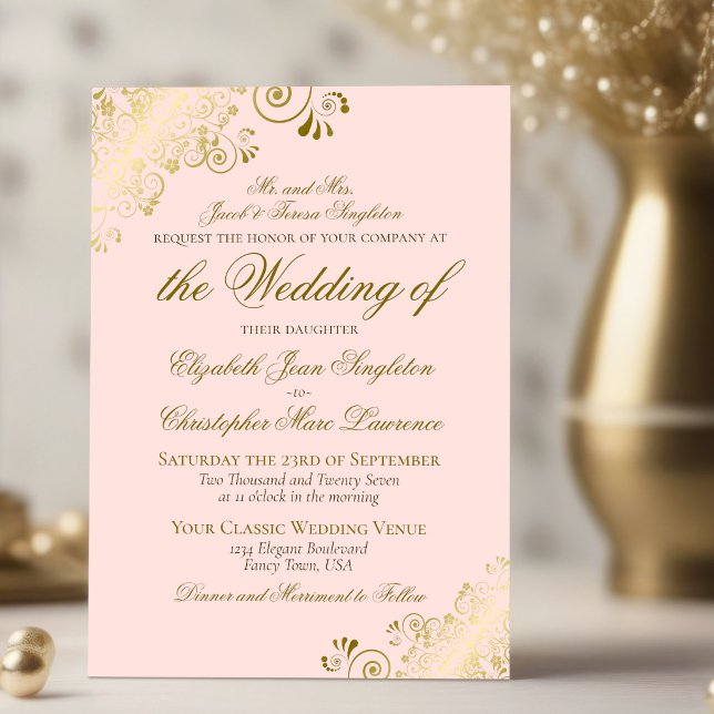 Convite Casamento Formal Clássico Rosa Bege e Dourado Eleg (Criador carregado)
