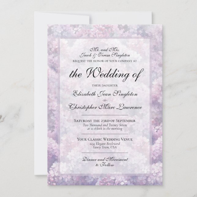 Convite Casamento Formal com Aquarela de Lilases Roxos Ele (Frente)
