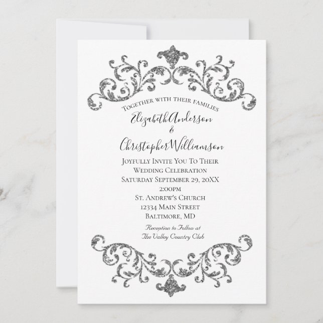Convite Casamento Formal com Floreado Ornamentado Prata Pr (Frente)