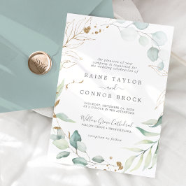 Convite Casamento Formal com Folhas de Ouro e Vegetação Ar