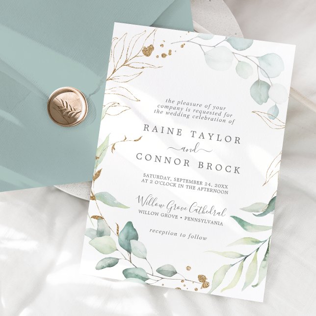Convite Casamento Formal com Folhas de Ouro e Vegetação Ar (Airy Greenery and Gold Leaf Formal Wedding Invitation)