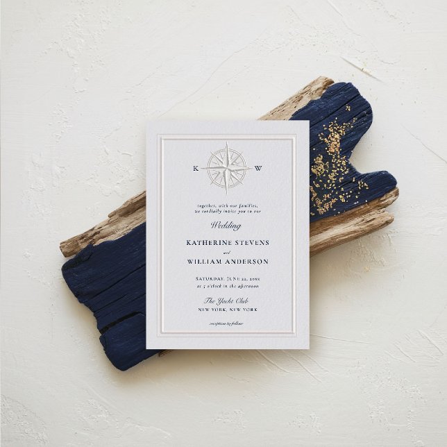 Convite Casamento Formal Costeiro De Barcos Náuticos De Ro (nautical wedding invitation compass rose formal traditional modern classic beach ocean coastal ivory)