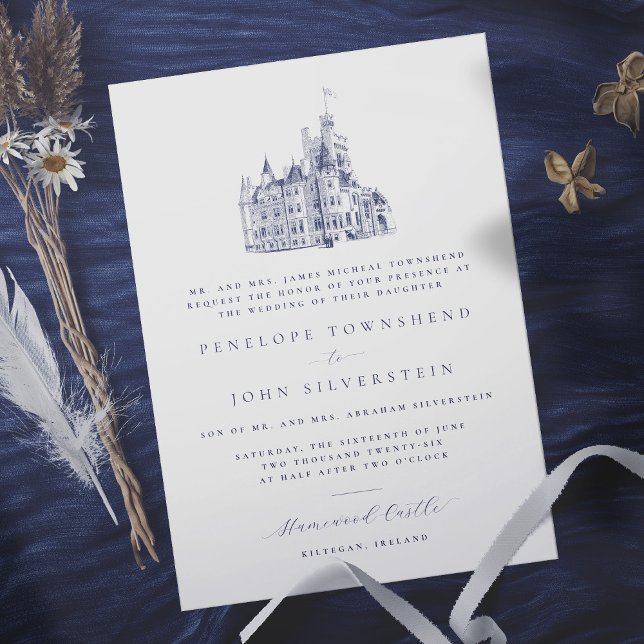 Convite Casamento Formal da Ilustração do Castelo Elegante (Elegant white formal wedding invitation with an illustration of a castle)