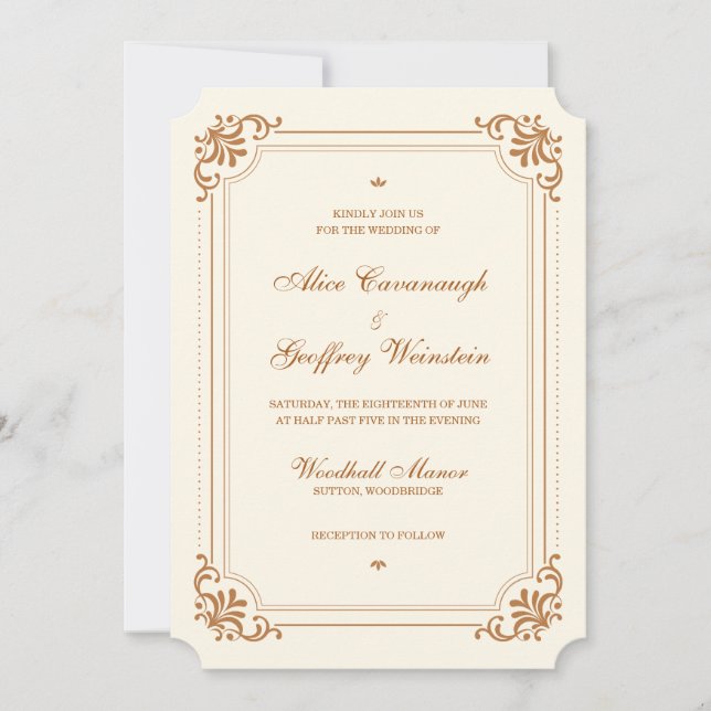 Convite Casamento Formal Da Legenda Cobre Ivory Vintage (Frente)