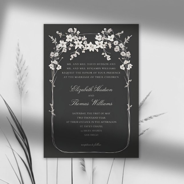 Convite Casamento Formal de Arch Negra (wildflowers wedding invitation black and white boho arch formal elegant modern classic script)