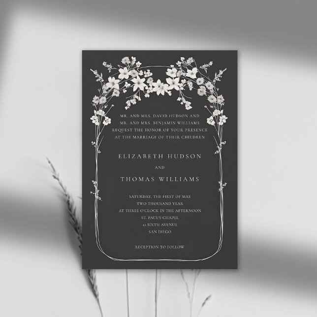 Convite Casamento Formal de Arcos Negros de Arco Negra (wildflowers wedding invitation black and white boho arch formal elegant modern classic typography)
