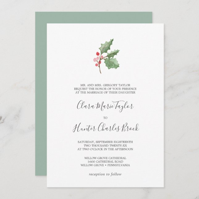 Convite Casamento Formal de Berry e Greenery de Natal (Frente/Verso)