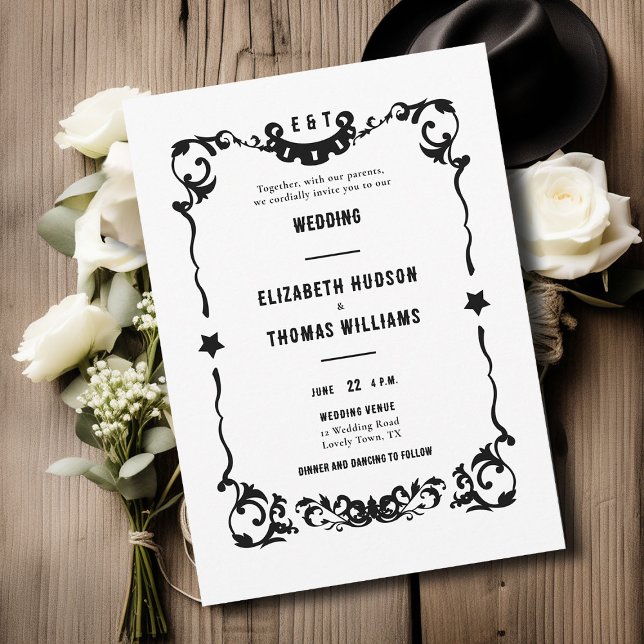 Convite Casamento Formal de Black White - Estrelas Ocident (country western black white wedding invitation vintage frame elegant formal modern ranch barn rustic)