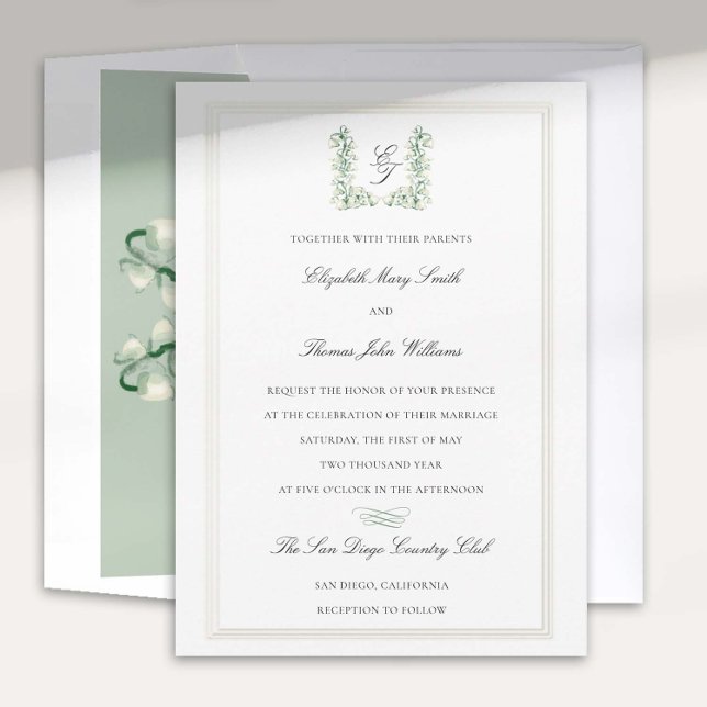 Convite Casamento Formal de Calliografia de Crest de Lily  (lily valley formal classic wedding invitation card watercolor art crest monograms calligraphy)