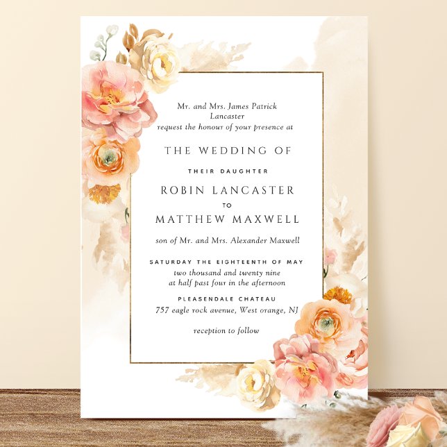 Convite Casamento Formal De Cama Floral De Pêssego (Criador carregado)