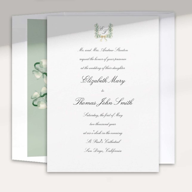 Convite Casamento Formal de Crest de Arcos de Lily Valley (lily valley formal classic wedding invitation card watercolor art crest monograms all calligraphy)