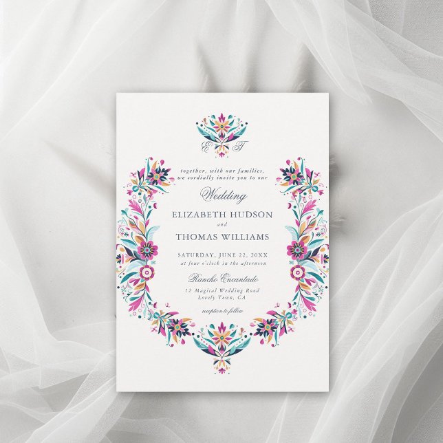 Convite Casamento Formal de Crest do Frame Floral Mexicano (rancho wedding mexican invitation floral frame watercolor wildflower formal classic traditional pink)