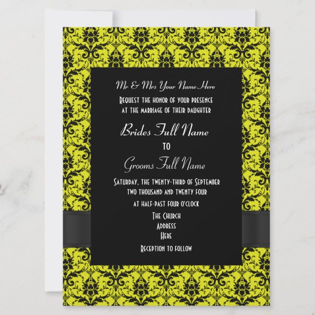 Convite Casamento formal de damasco preto e amarelo (Frente)
