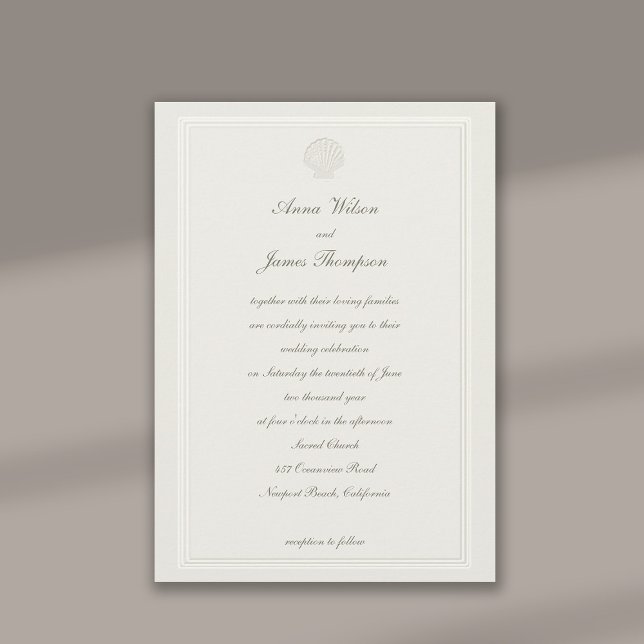 Convite Casamento Formal De Faux Embossed Frame Seashell E (formal traditional wedding invitation nautical seashell beach ocean lakeside yacht faux embossed)