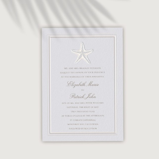 Convite Casamento Formal De Faux Embossed Starfish (coastal wedding invitation modern classic formal traditional frame faux embossed starfish)