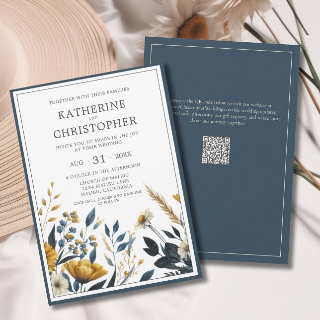 Convite Casamento Formal de Flores Amarelas Azuis (Blue Yellow Wildflowers Elegant Save the Date Card with QR Code for Wedding Website.)