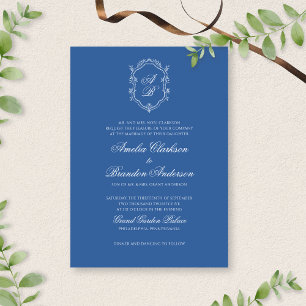 Convite Casamento Formal de Folha Azul Monograma Crest & S