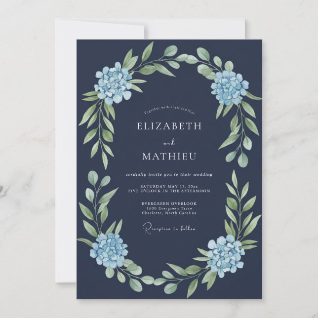Convite Casamento Formal de Hortênsias Azul-Marinho (Frente)