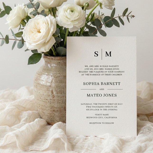 Convite Casamento Formal de Monograma Tradicional Beige (Criador carregado)