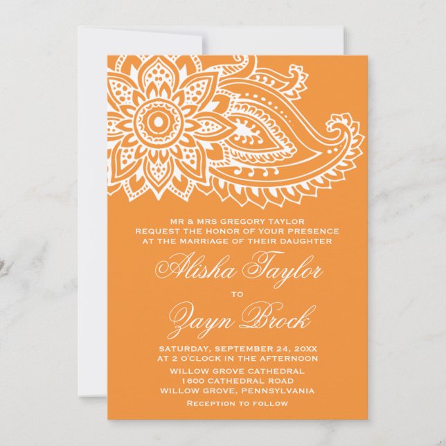Convite Casamento Formal de Orange Indian Paisley (Frente)